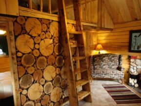 Interior of Eagle's Nest cabin with wall made of wood and ladder leading to loft