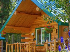 Exterior view of Wolf's Den cabin with hanging baskets